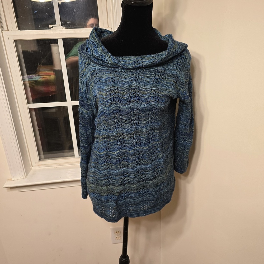 Coldwater Creek Blue Green Textured Cowl Neck Sweater Knit Tunic Womens Size M